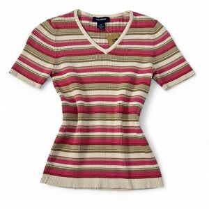 Y2K pink, cream, and tan striped ribbed short sleeve v neck size XS